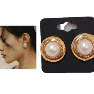 Monet Gold Large Pearl Round Pierced Earrings Glam Party Holiday Wedding French